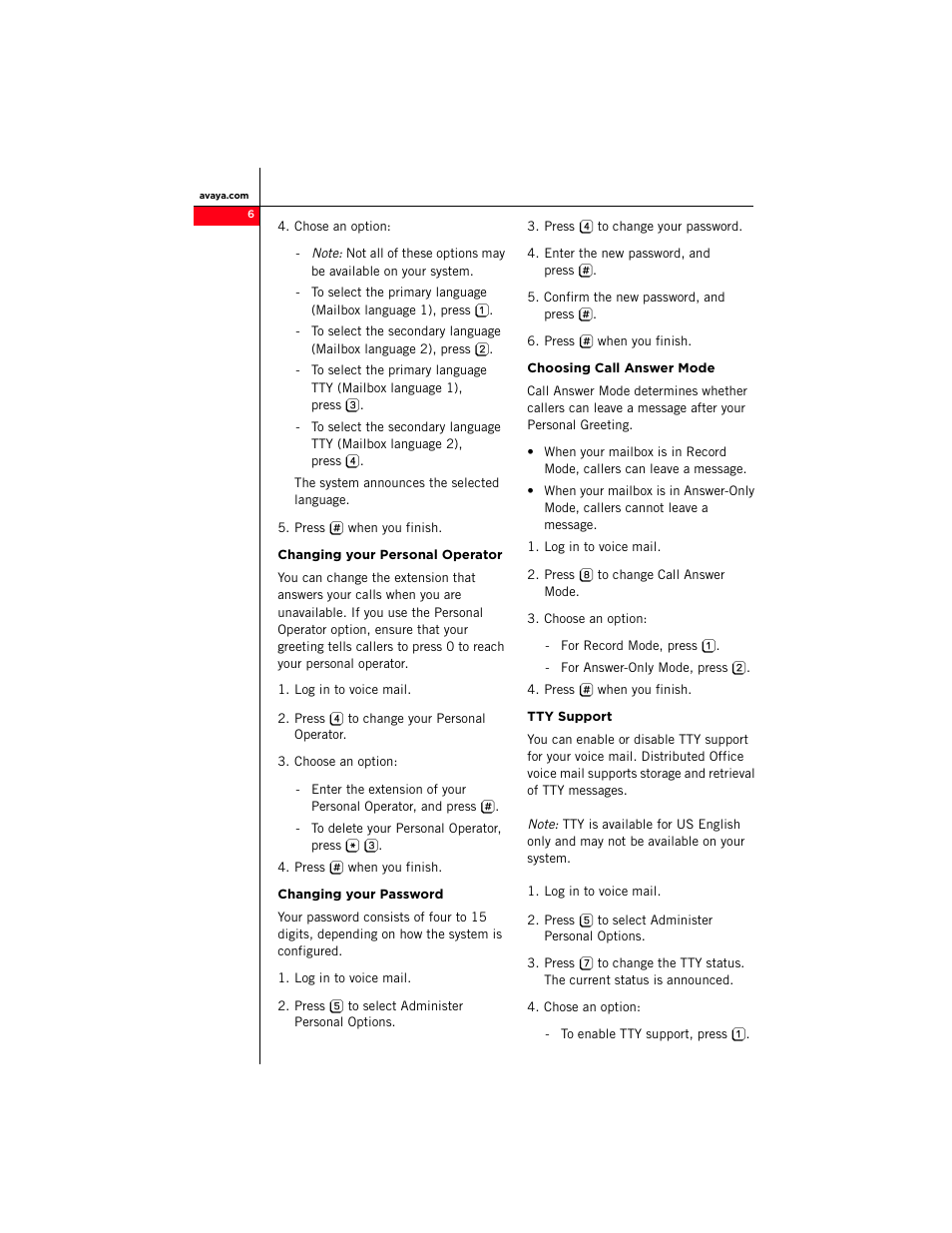 Changing your personal operator, Changing your password, Choosing call answer mode | Tty support | Avaya Distributed Office Voice Mail User Manual | Page 6 / 8