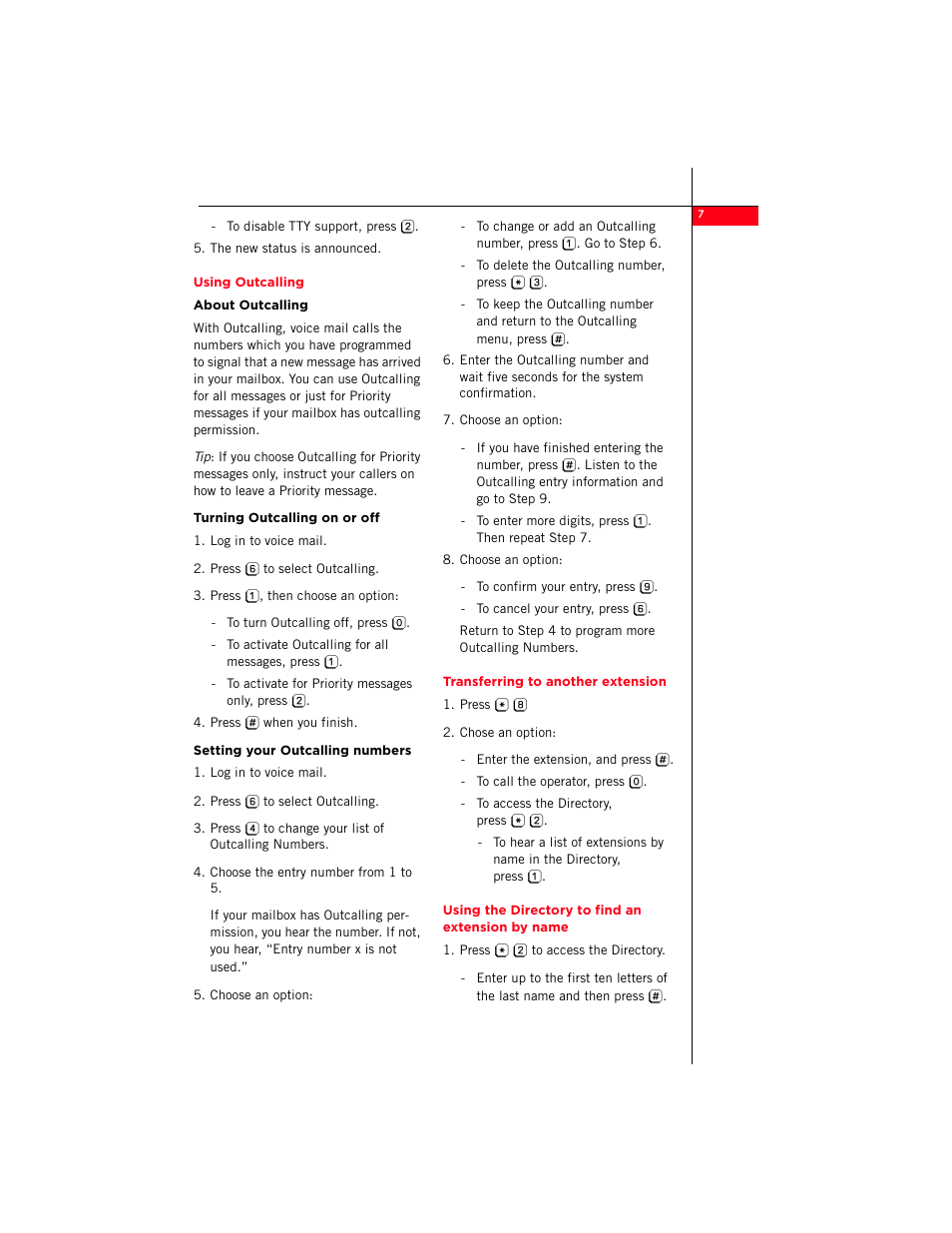 Using outcalling, About outcalling, Turning outcalling on or off | Setting your outcalling numbers, Transferring to another extension, Using the directory to find an extension by name | Avaya Distributed Office Voice Mail User Manual | Page 7 / 8