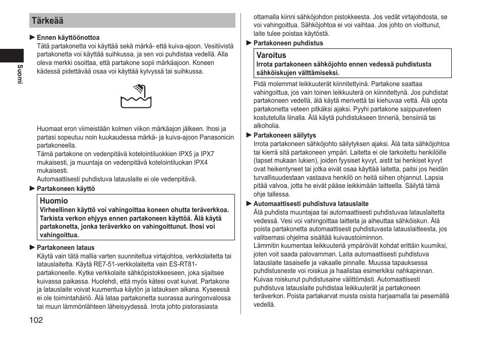 Tärkeää | Panasonic ESRT81 User Manual | Page 102 / 184