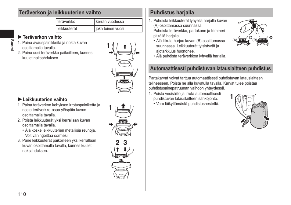 Teräverkon ja leikkuuterien vaihto, Puhdistus harjalla | Panasonic ESRT81 User Manual | Page 110 / 184