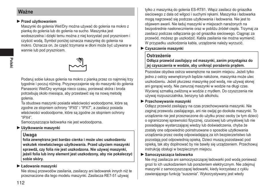 Ważne | Panasonic ESRT81 User Manual | Page 112 / 184