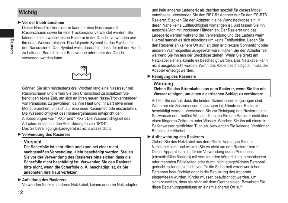 Wichtig | Panasonic ESRT81 User Manual | Page 12 / 184