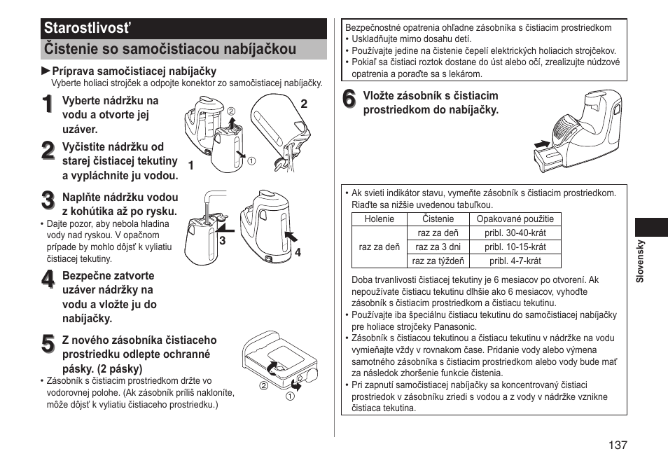 Starostlivosť čistenie so samočistiacou nabíjačkou | Panasonic ESRT81 User Manual | Page 137 / 184