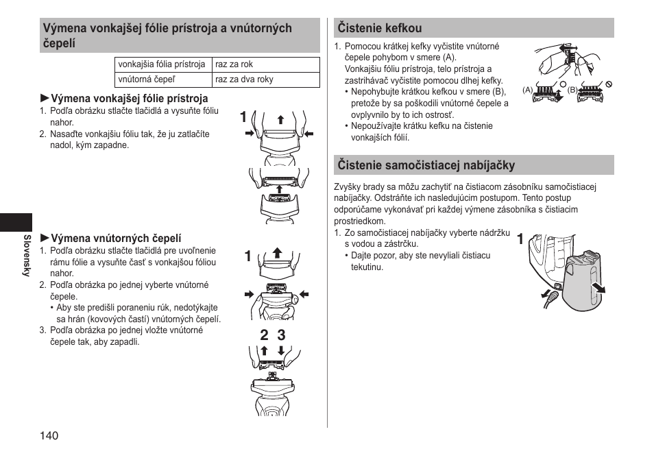 Čistenie kefkou, Čistenie samočistiacej nabíjačky | Panasonic ESRT81 User Manual | Page 140 / 184