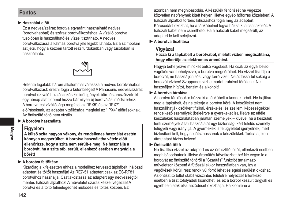 Fontos | Panasonic ESRT81 User Manual | Page 142 / 184