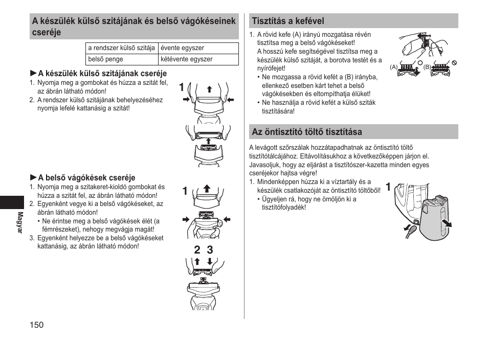 Tisztítás a kefével, Az öntisztító töltő tisztítása | Panasonic ESRT81 User Manual | Page 150 / 184