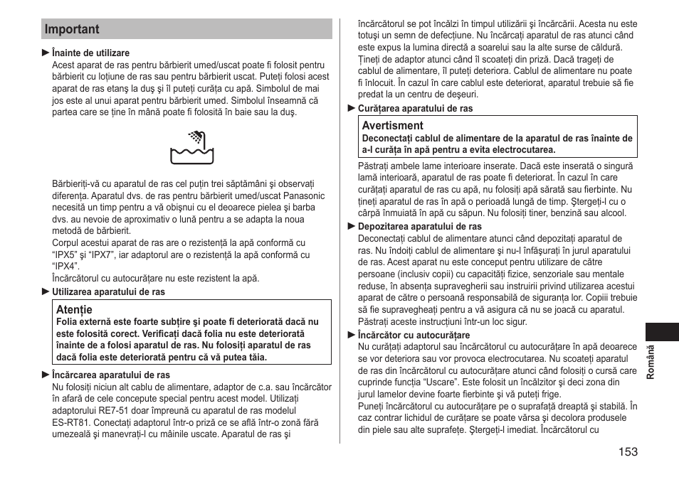 Important | Panasonic ESRT81 User Manual | Page 153 / 184