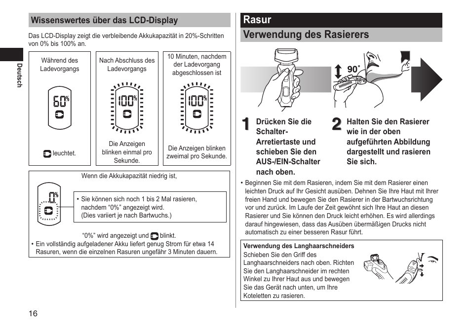 Rasur verwendung des rasierers | Panasonic ESRT81 User Manual | Page 16 / 184