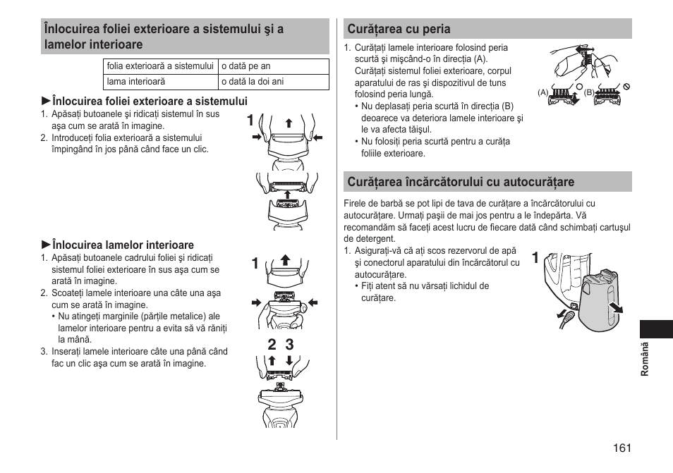 Curăţarea cu peria, Curăţarea încărcătorului cu autocurăţare | Panasonic ESRT81 User Manual | Page 161 / 184