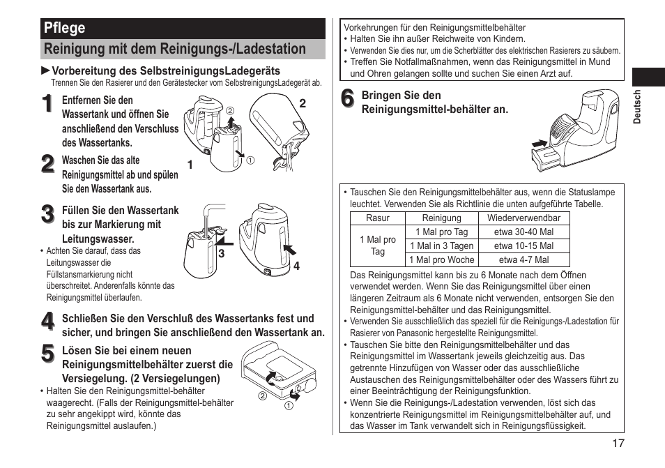 Pflege reinigung mit dem reinigungs-/ladestation | Panasonic ESRT81 User Manual | Page 17 / 184