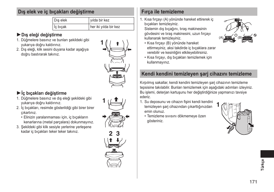 Dış elek ve iç bıçakları değiştirme, Fırça ile temizleme, Kendi kendini temizleyen şarj cihazını temizleme | Panasonic ESRT81 User Manual | Page 171 / 184