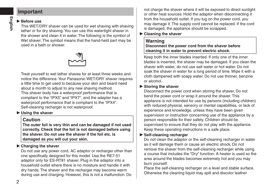 Important | Panasonic ESRT81 User Manual | Page 2 / 184