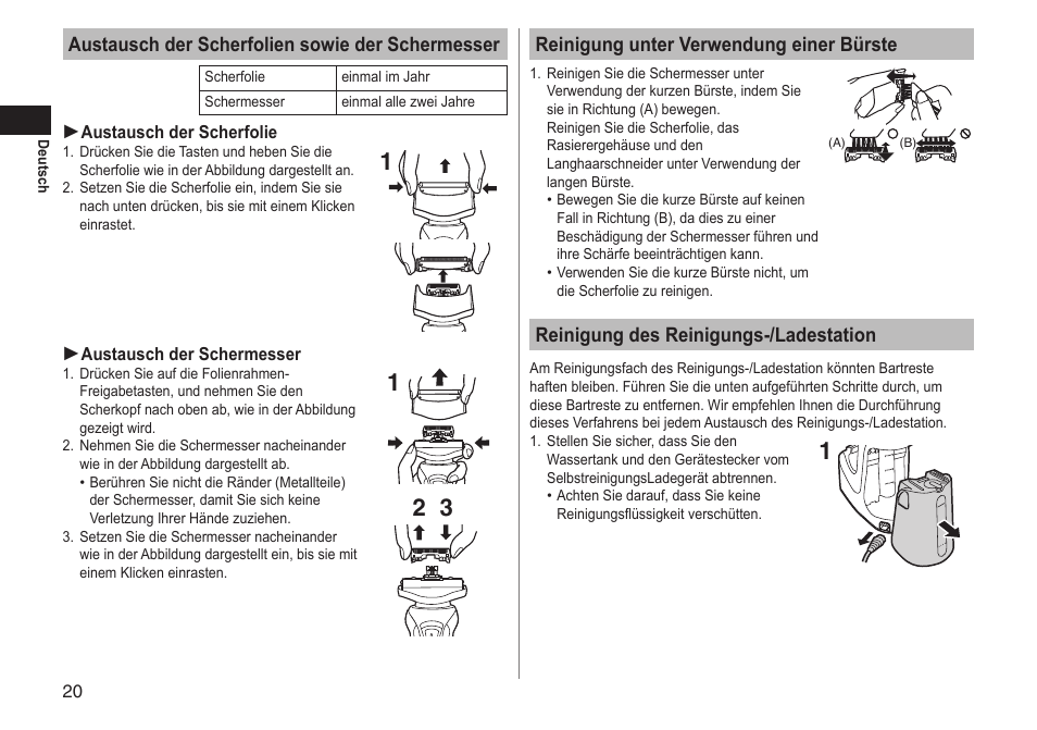 Austausch der scherfolien sowie der schermesser, Reinigung unter verwendung einer bürste, Reinigung des reinigungs-/ladestation | Panasonic ESRT81 User Manual | Page 20 / 184