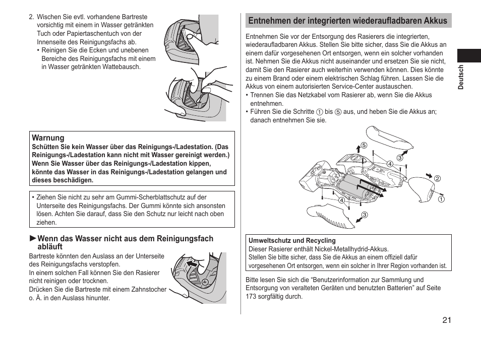 Entnehmen der integrierten wiederaufladbaren akkus | Panasonic ESRT81 User Manual | Page 21 / 184