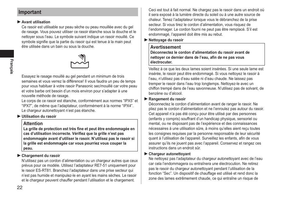 Important | Panasonic ESRT81 User Manual | Page 22 / 184