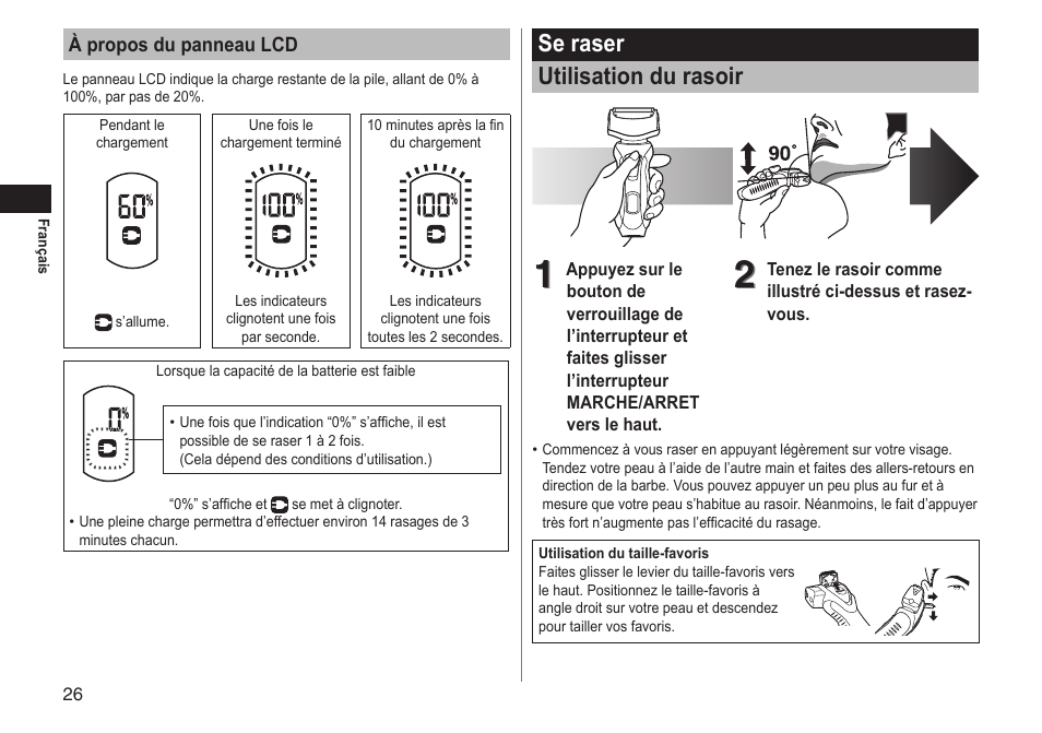 Se raser utilisation du rasoir | Panasonic ESRT81 User Manual | Page 26 / 184