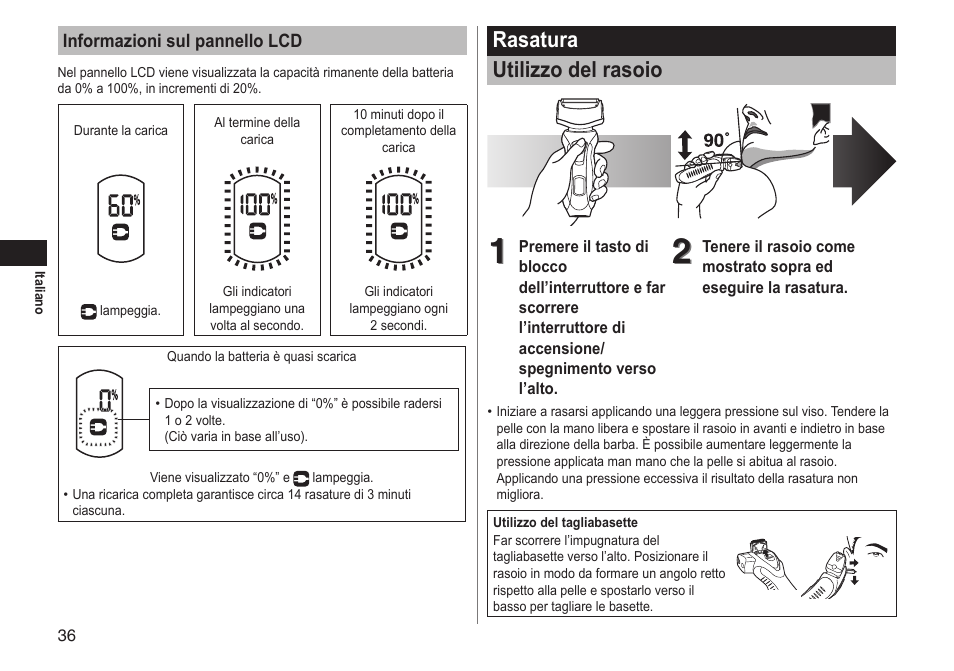 Rasatura utilizzo del rasoio | Panasonic ESRT81 User Manual | Page 36 / 184