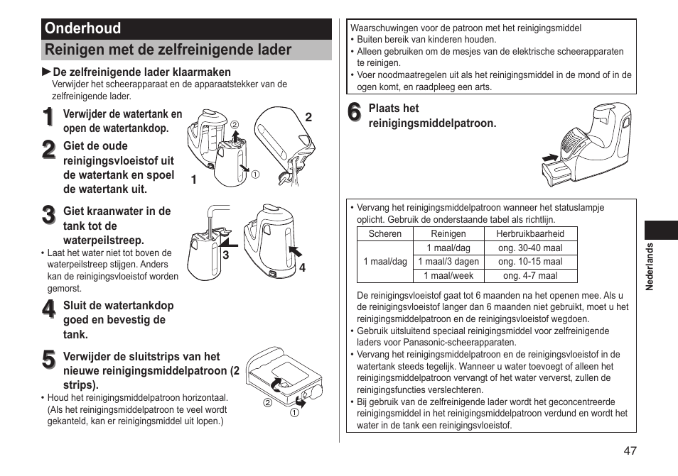 Onderhoud reinigen met de zelfreinigende lader | Panasonic ESRT81 User Manual | Page 47 / 184