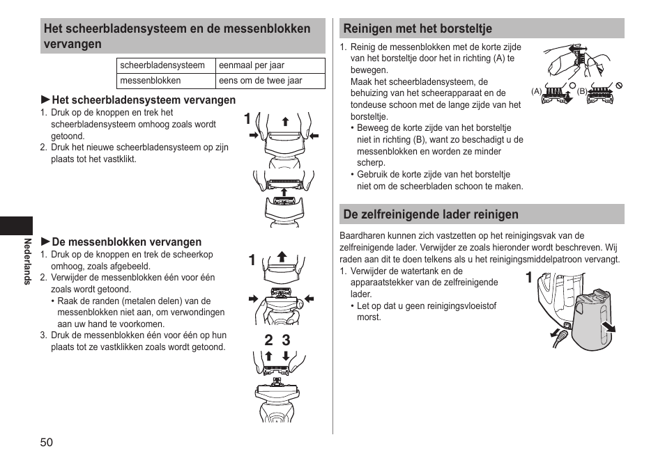 Reinigen met het borsteltje, De zelfreinigende lader reinigen | Panasonic ESRT81 User Manual | Page 50 / 184