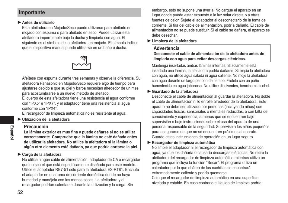 Importante | Panasonic ESRT81 User Manual | Page 52 / 184