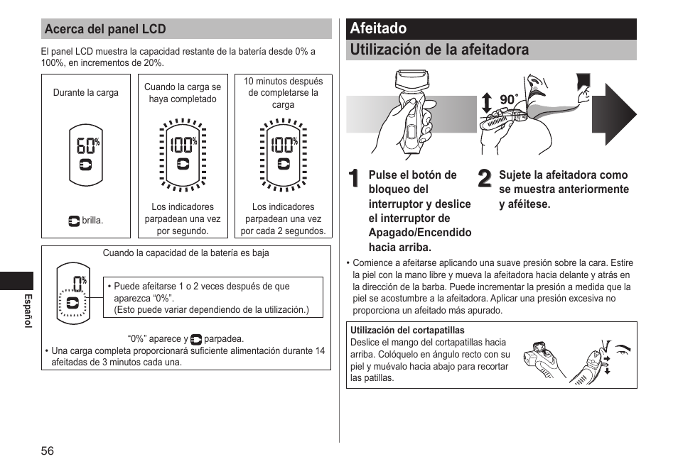 Afeitado utilización de la afeitadora | Panasonic ESRT81 User Manual | Page 56 / 184