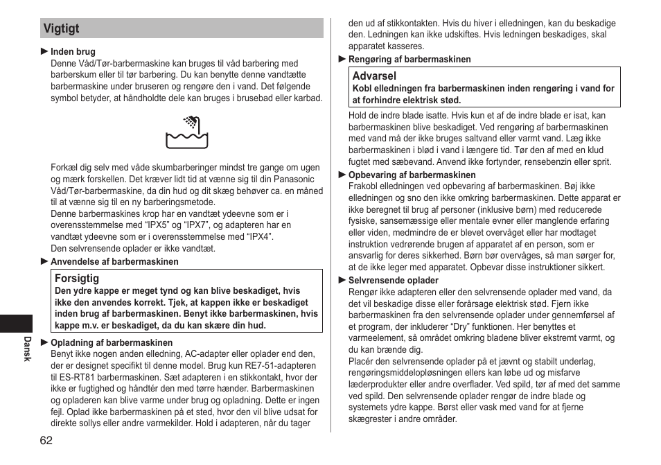 Vigtigt | Panasonic ESRT81 User Manual | Page 62 / 184