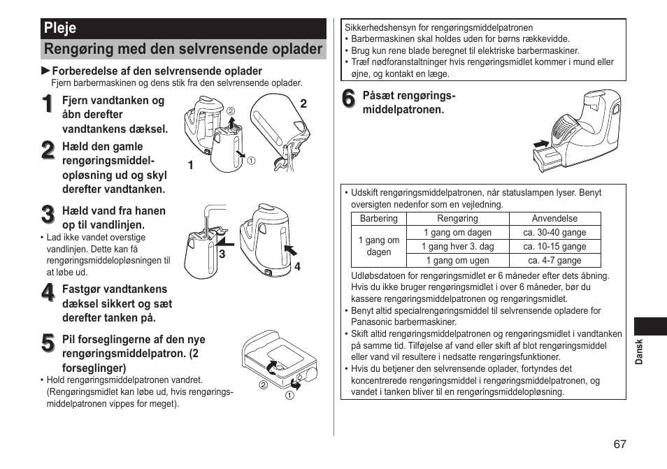 Pleje rengøring med den selvrensende oplader | Panasonic ESRT81 User Manual | Page 67 / 184