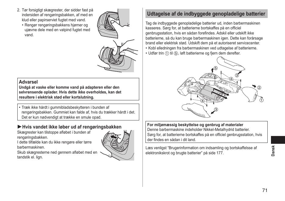 Udtagelse af de indbyggede genopladelige batterier | Panasonic ESRT81 User Manual | Page 71 / 184