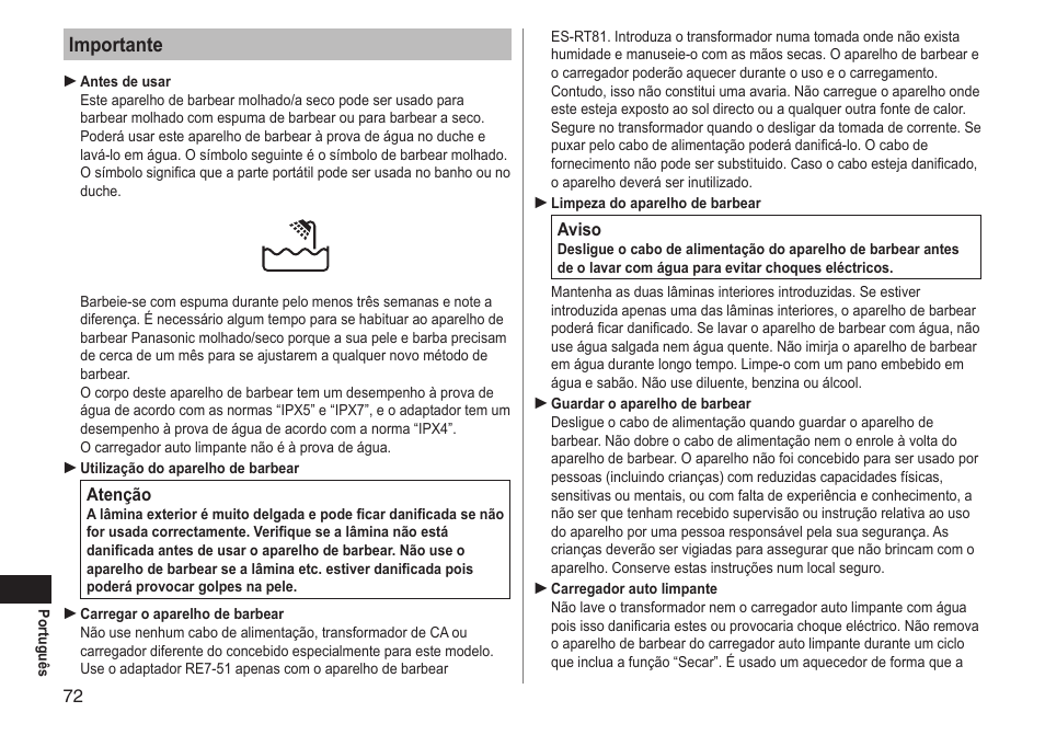 Importante | Panasonic ESRT81 User Manual | Page 72 / 184