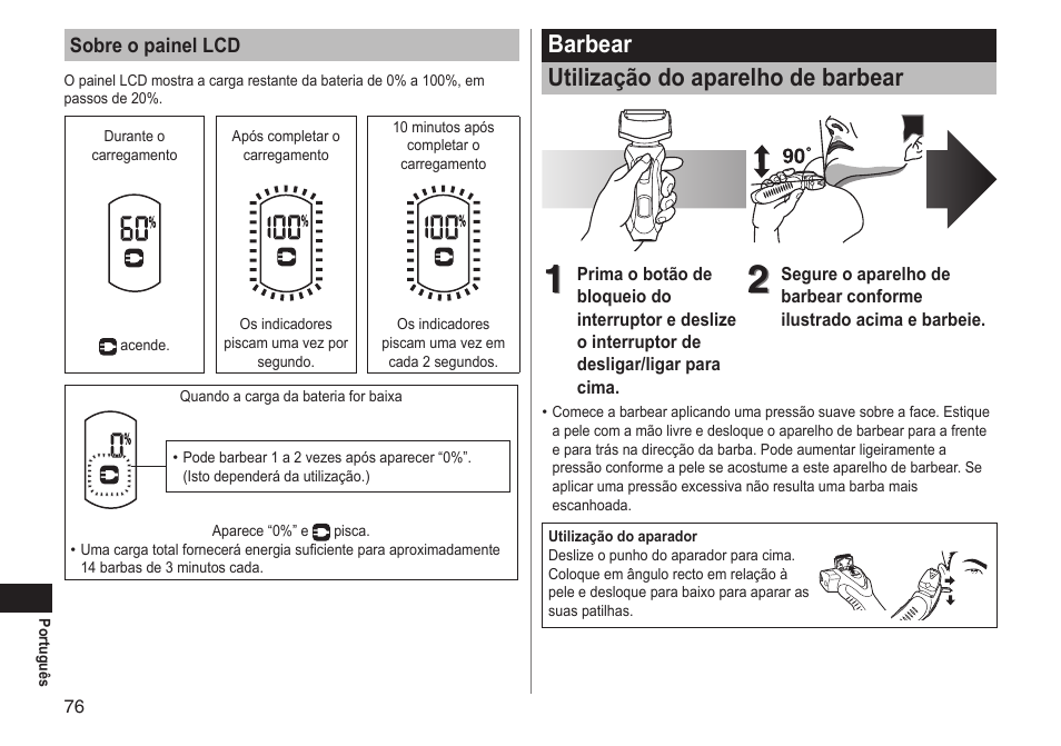 Barbear utilização do aparelho de barbear | Panasonic ESRT81 User Manual | Page 76 / 184