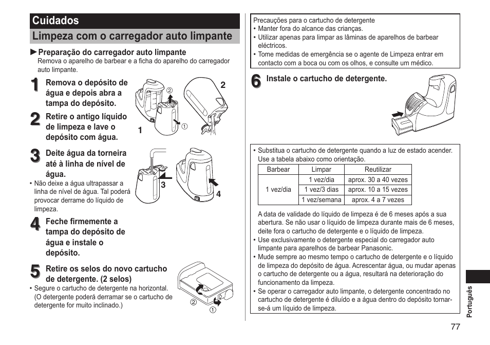 Cuidados limpeza com o carregador auto limpante | Panasonic ESRT81 User Manual | Page 77 / 184