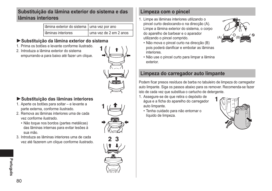 Limpeza com o pincel, Limpeza do carregador auto limpante | Panasonic ESRT81 User Manual | Page 80 / 184