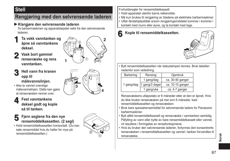 Stell rengjøring med den selvrensende laderen | Panasonic ESRT81 User Manual | Page 87 / 184