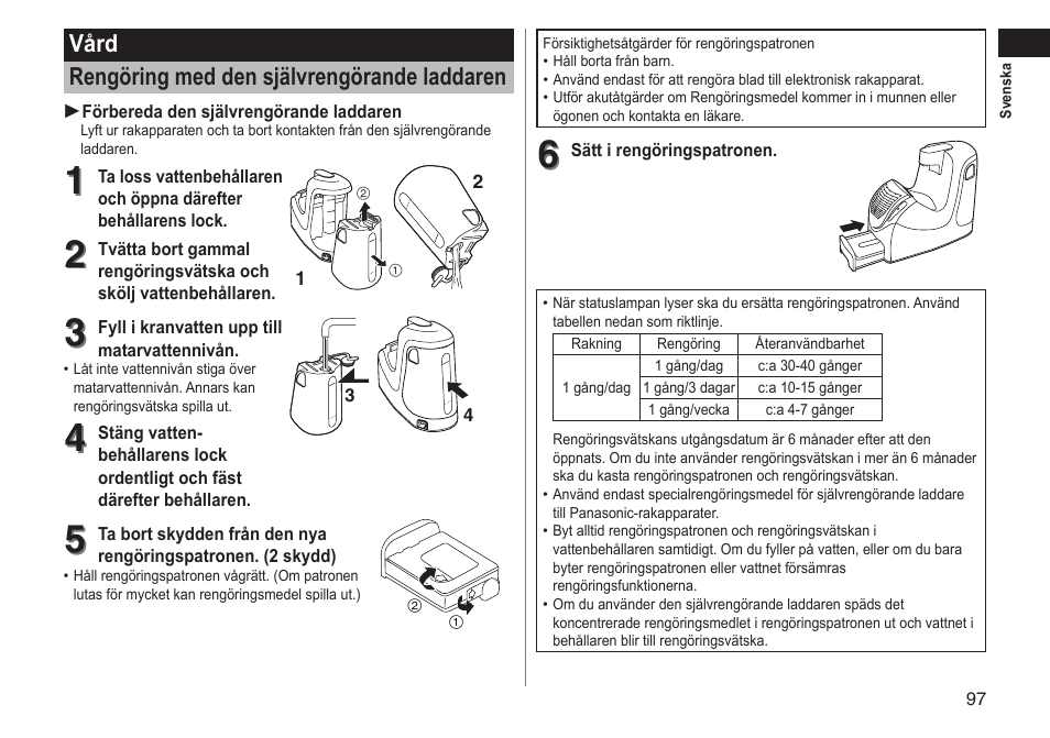 Vård rengöring med den självrengörande laddaren | Panasonic ESRT81 User Manual | Page 97 / 184