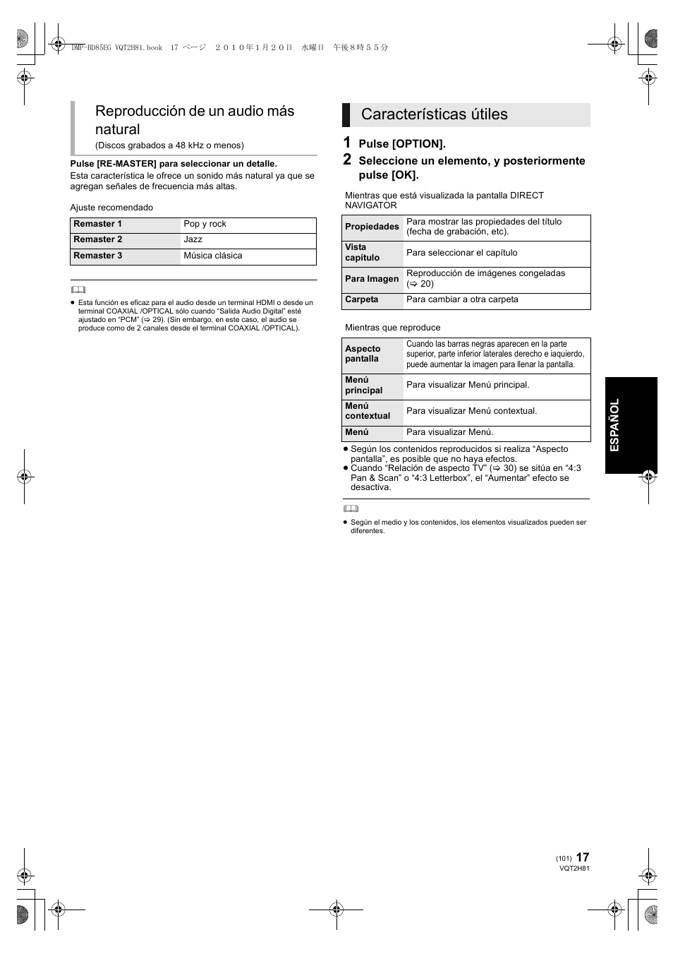 Características útiles, Reproducción de un audio más natural | Panasonic DMPBD85 User Manual | Page 101 / 228