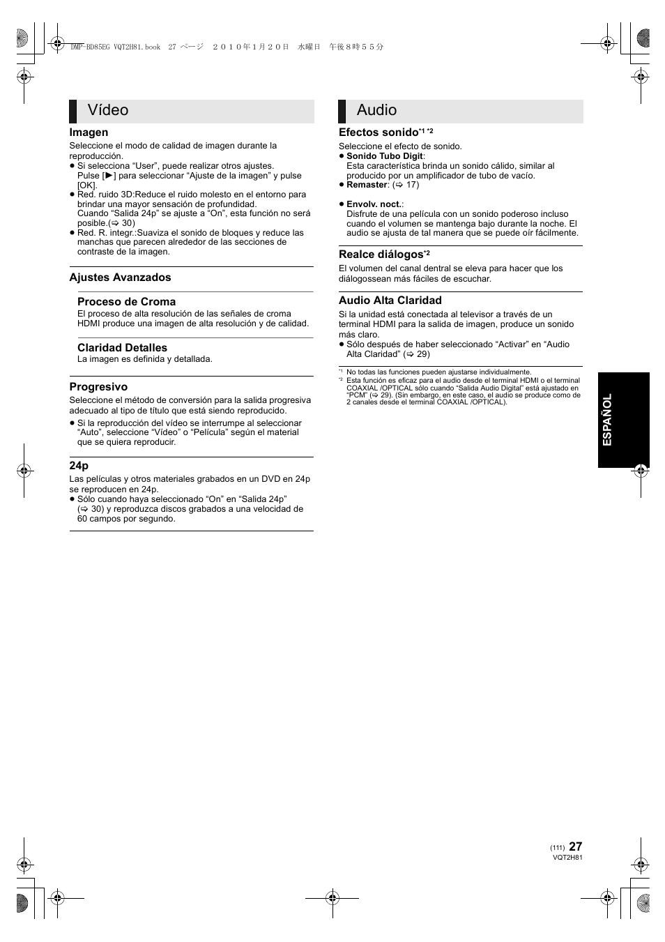 Vídeo, Audio | Panasonic DMPBD85 User Manual | Page 111 / 228