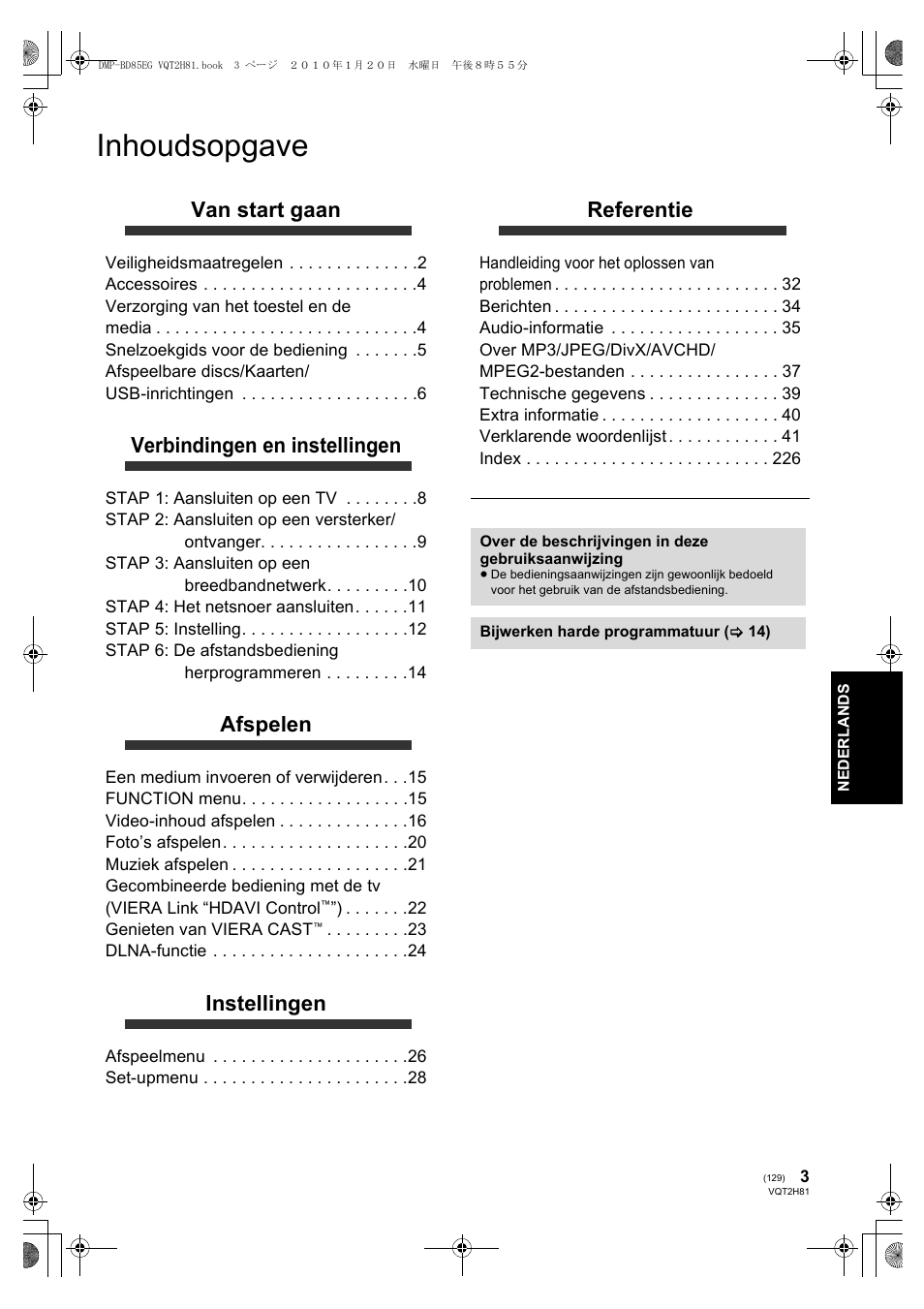 Inhoudsopgave, Van start gaan, Verbindingen en instellingen | Afspelen, Instellingen, Referentie | Panasonic DMPBD85 User Manual | Page 129 / 228