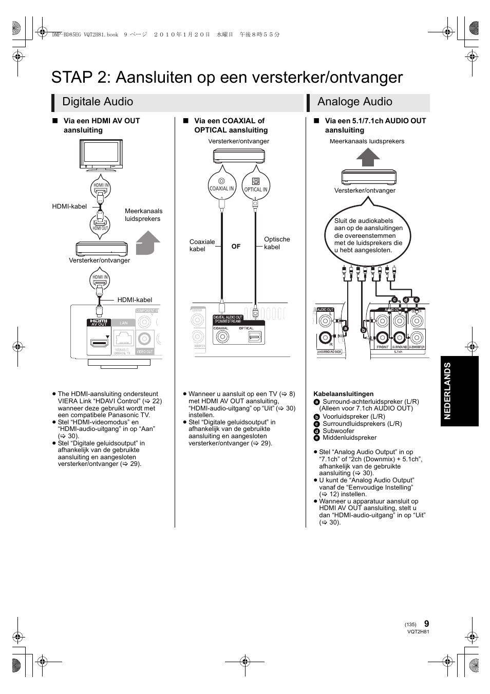 Stap 2: aansluiten op een versterker/ontvanger, Digitale audio analoge audio | Panasonic DMPBD85 User Manual | Page 135 / 228