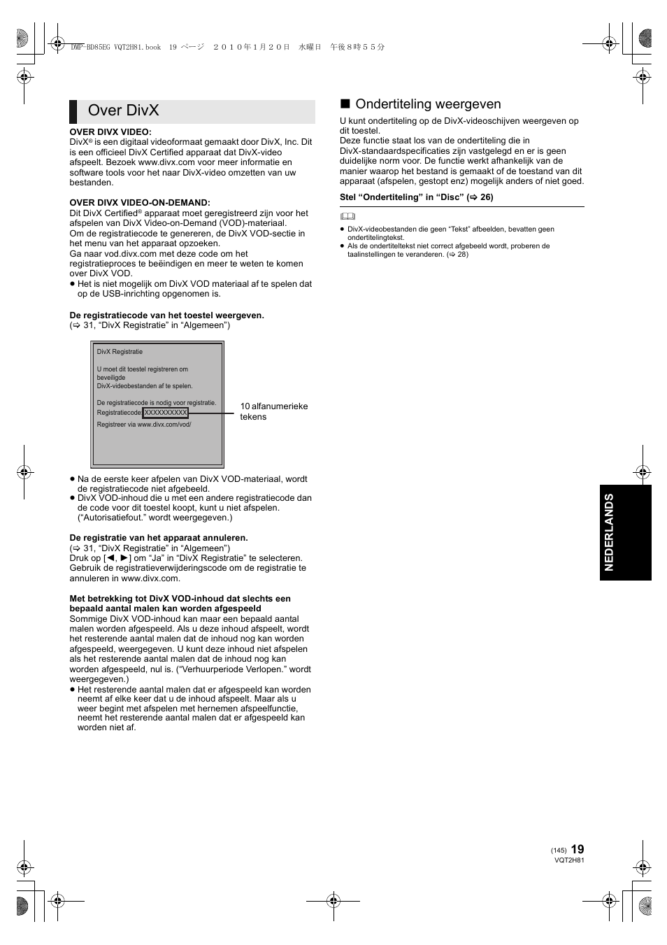 Over divx, Ondertiteling weergeven | Panasonic DMPBD85 User Manual | Page 145 / 228