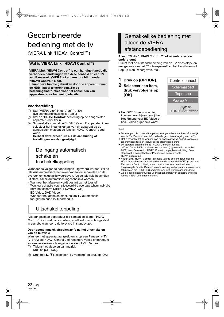 Gecombineerde bediening met de tv, De ingang automatisch schakelen, Uitschakelkoppeling | Viera link “hdavi control, Inschakelkoppeling | Panasonic DMPBD85 User Manual | Page 148 / 228