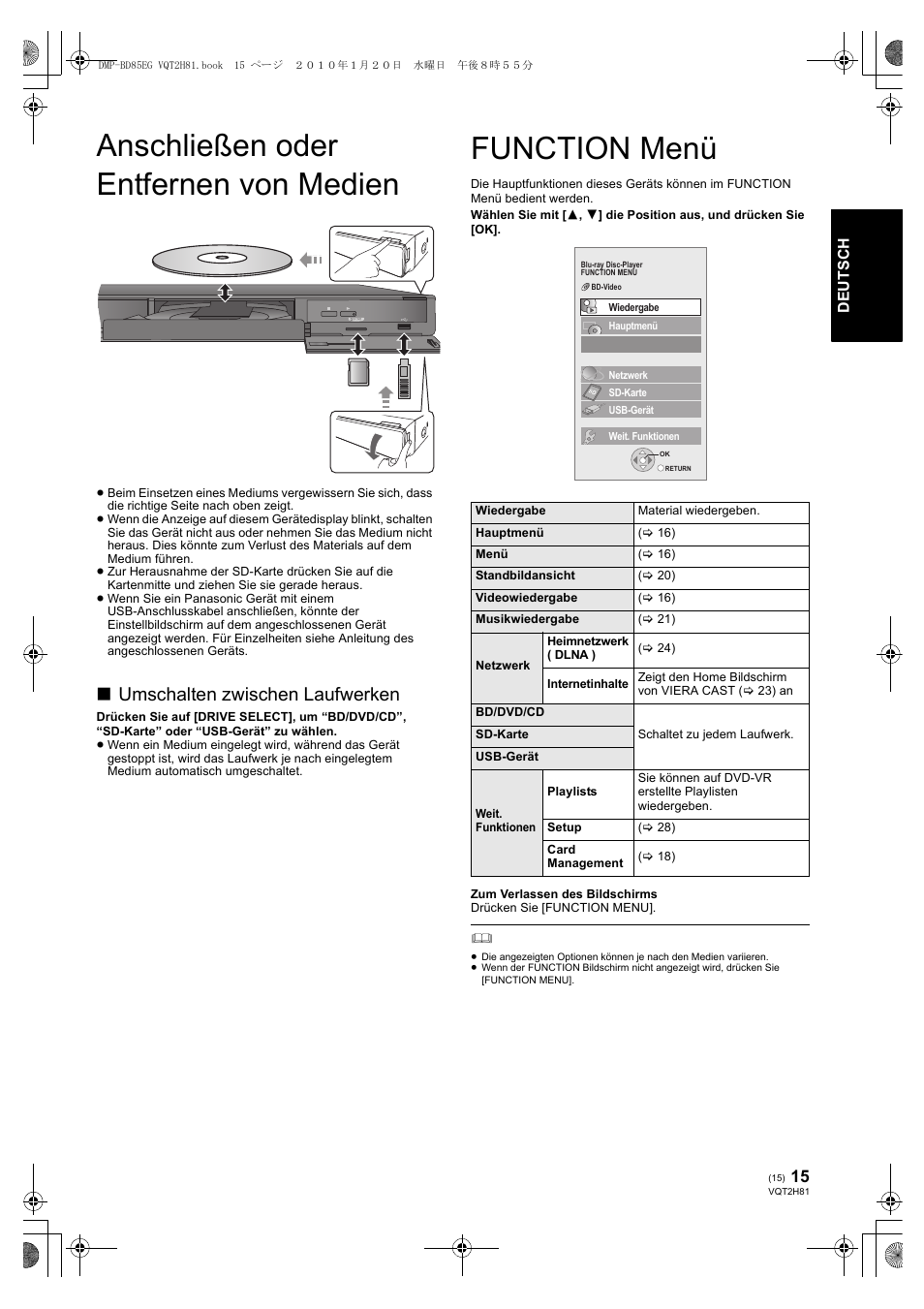 Anschließen oder entfernen von medien, Function menü, Umschalten zwischen laufwerken | Panasonic DMPBD85 User Manual | Page 15 / 228