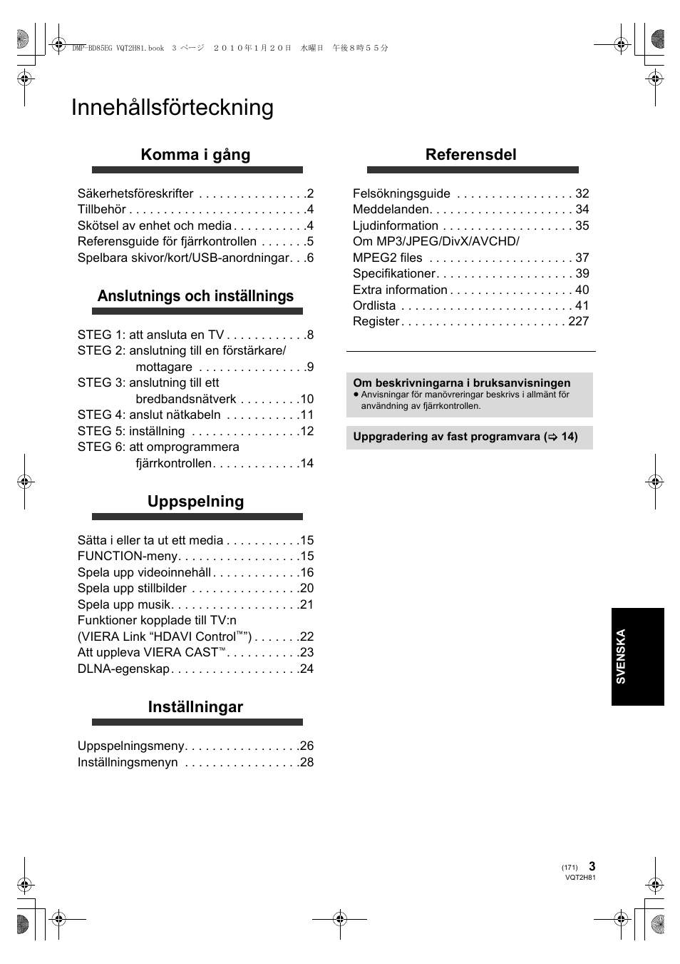 Innehållsförteckning, Komma i gång, Anslutnings och inställnings | Uppspelning, Inställningar, Referensdel | Panasonic DMPBD85 User Manual | Page 171 / 228