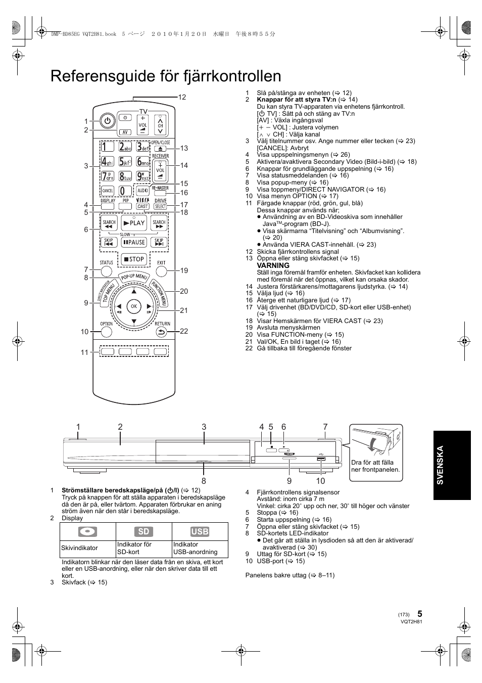 Referensguide för fjärrkontrollen | Panasonic DMPBD85 User Manual | Page 173 / 228