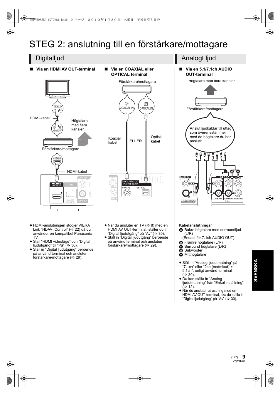 Steg 2: anslutning till en förstärkare/mottagare, Digitalljud analogt ljud | Panasonic DMPBD85 User Manual | Page 177 / 228