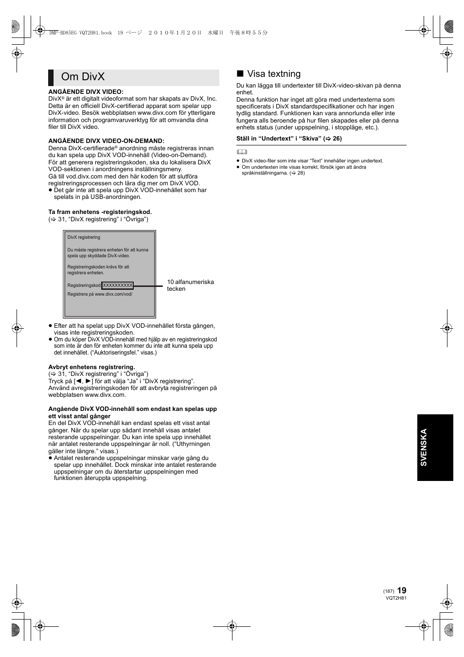 Om divx, Visa textning | Panasonic DMPBD85 User Manual | Page 187 / 228