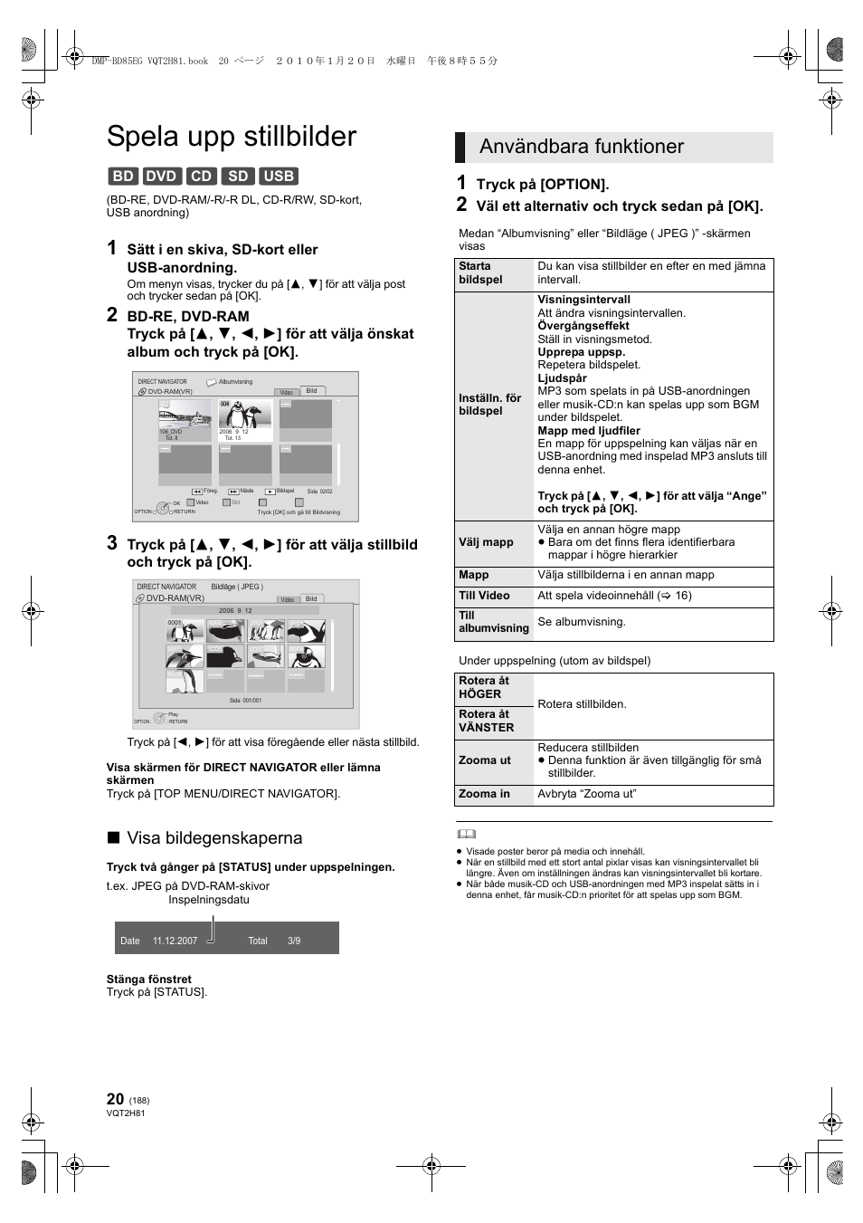 Spela upp stillbilder, Användbara funktioner, Visa bildegenskaperna | Bd dvd cd sd usb, Sätt i en skiva, sd-kort eller usb-anordning, Tryck på [option, Väl ett alternativ och tryck sedan på [ok | Panasonic DMPBD85 User Manual | Page 188 / 228