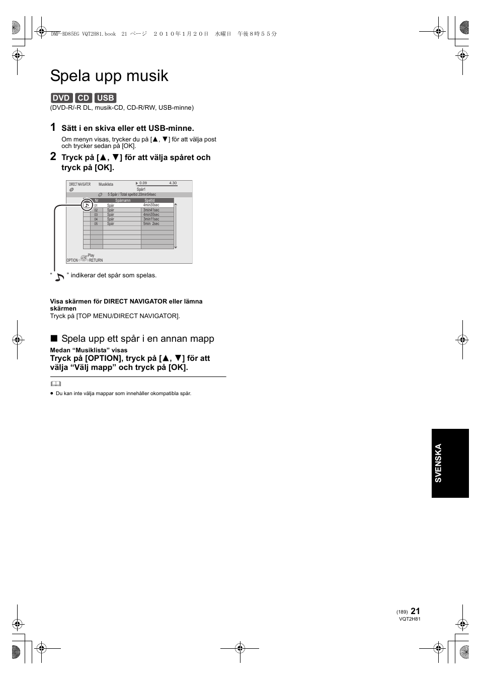 Spela upp musik, Spela upp ett spår i en annan mapp, Dvd cd usb | Panasonic DMPBD85 User Manual | Page 189 / 228