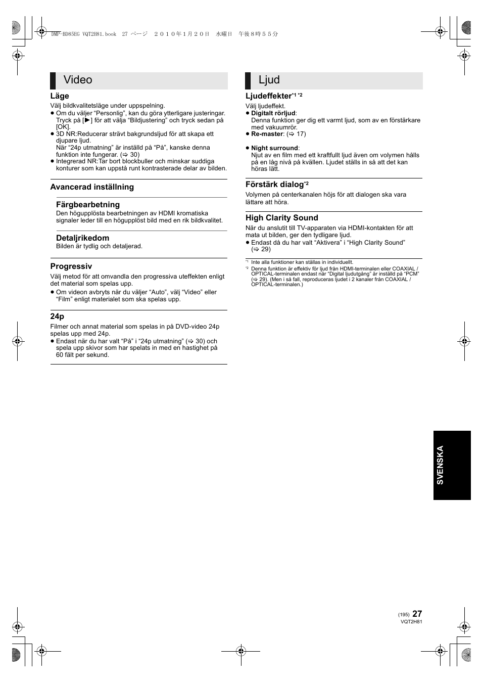 Video, Ljud | Panasonic DMPBD85 User Manual | Page 195 / 228