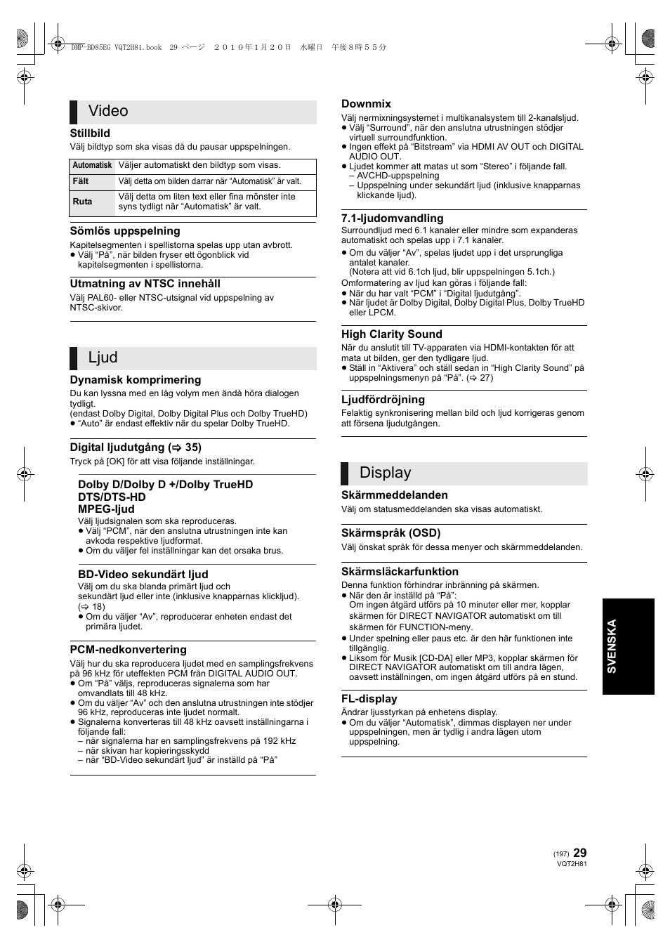 Video, Ljud, Display | Panasonic DMPBD85 User Manual | Page 197 / 228