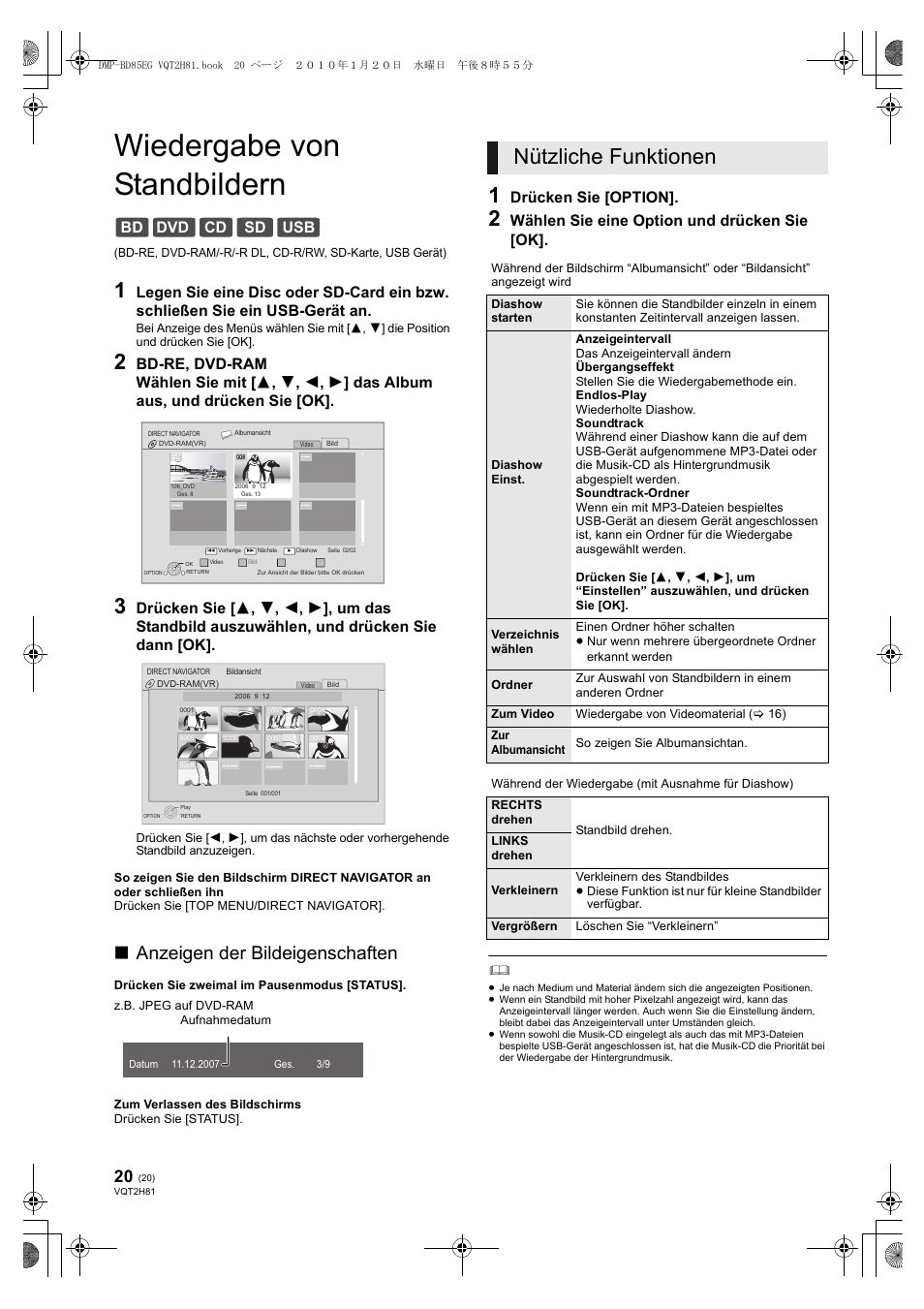 Wiedergabe von standbildern, Nützliche funktionen, Anzeigen der bildeigenschaften | Bd dvd cd sd usb, Drücken sie [option, Wählen sie eine option und drücken sie [ok | Panasonic DMPBD85 User Manual | Page 20 / 228